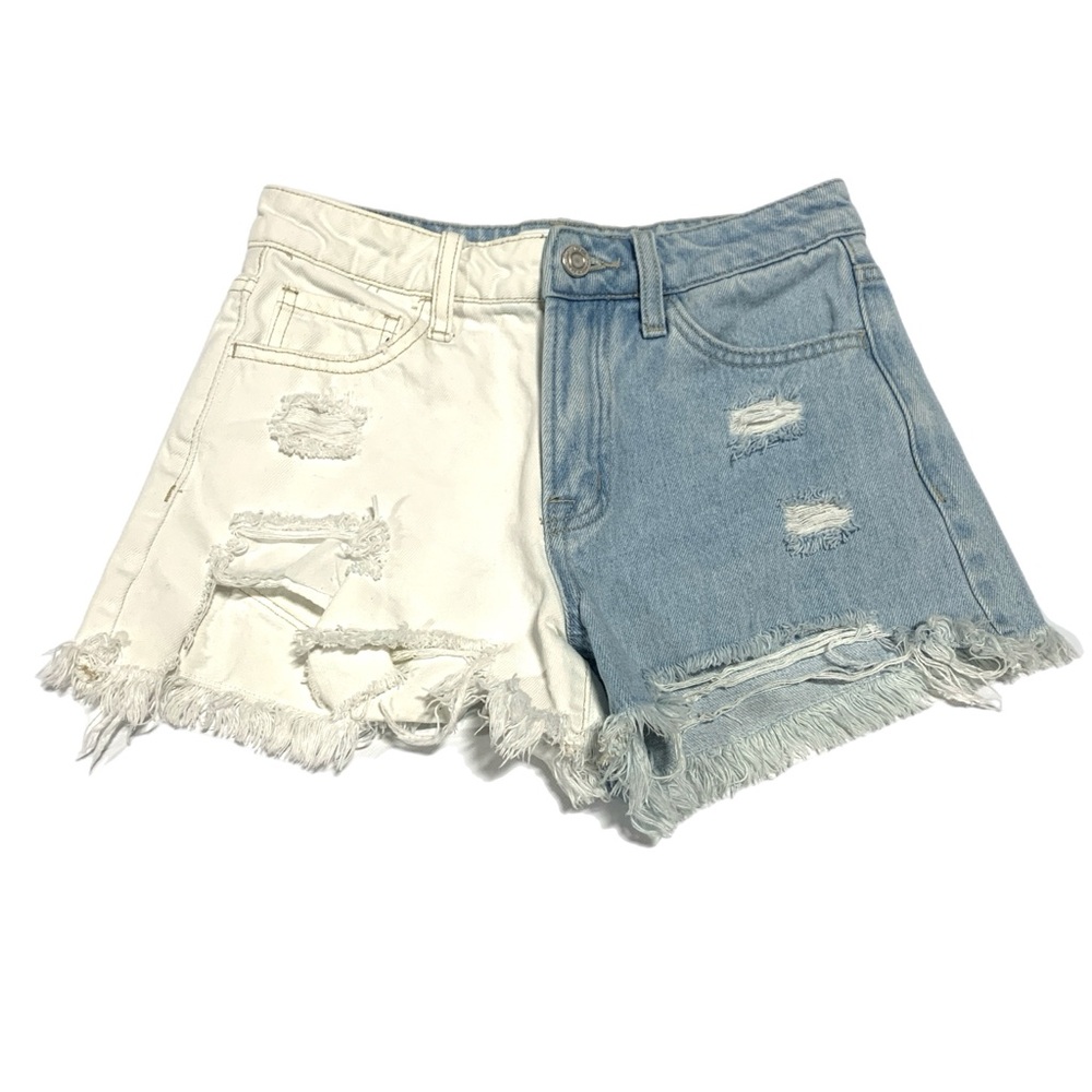 Two-Tone Distressed Vervet Denim Shorts XS 0487‎ Women’s Shorts Distressed